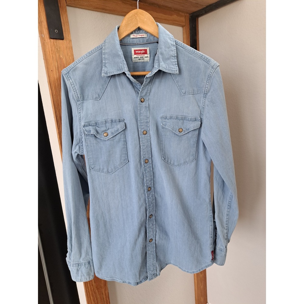 Wrangler Mens Light Wash Denim Western Snap Down Flex Shirt Light Blue